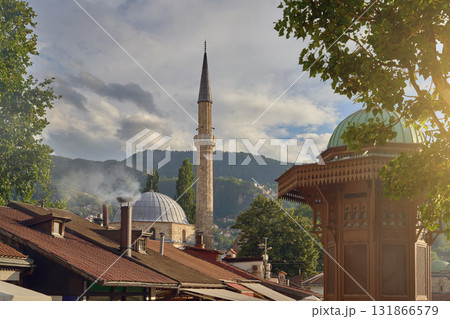 Sarajevo, Bosnia and Herzegovina. The entrance to the Bascarsija district, the old town of Sarajevo, including the Sebilj fountain 131866579