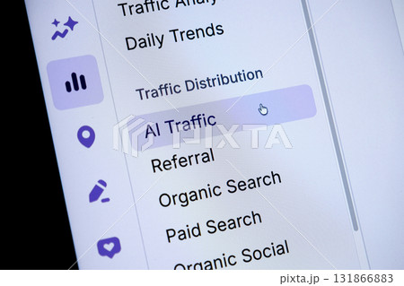 Digital dashboard highlights AI Traffic option with mouse pointer, signifying advanced data analysis, artificial intelligence, and digital marketing strategy Digital dashboard highlights AI Traffic option with mouse pointer, signifying advanced data analysis, artificial intelligence, and digital marketing strategy 131866883