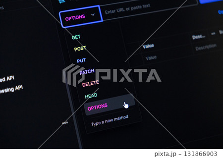 Developer clicking OPTIONS HTTP method in a dark mode API client interface, essential for modern web service interaction and robust backend programming Developer clicking OPTIONS HTTP method in a dark mode API client interface, essential for modern web service interaction and robust backend programming 131866903