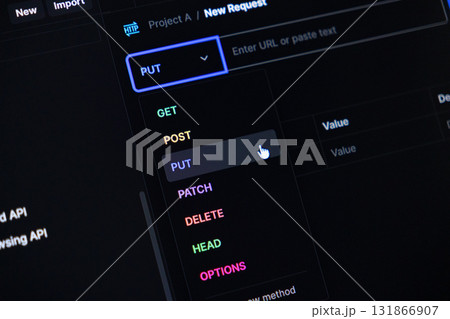 API development tool interface displays various HTTP request methods, with a mouse cursor selecting the PUT option for web programming projects 131866907