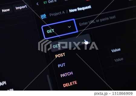 Developer clicks GET method in API request tool, showing HTTP options for web development, software engineering, and data fetching operations 131866909