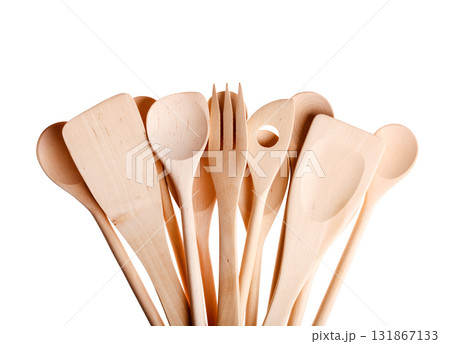 Close-up of assorted wooden kitchen utensils 131867133