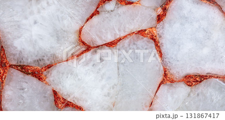 Agate Crystal natural semi precious stone texture with a copper leaf as part of unique interior. Agate Crystal natural semi precious stone texture with a copper leaf as part of unique interior. 131867417