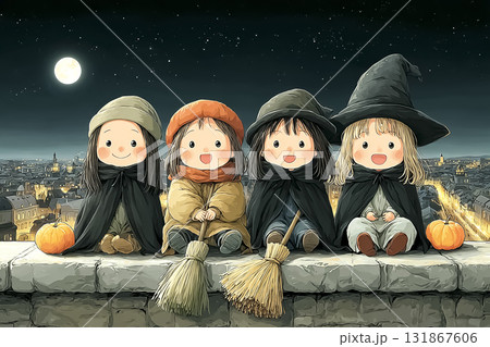 美優シリーズ：ビルの屋上から夜景を眺める美人魔女美優と魔女友達 131867606