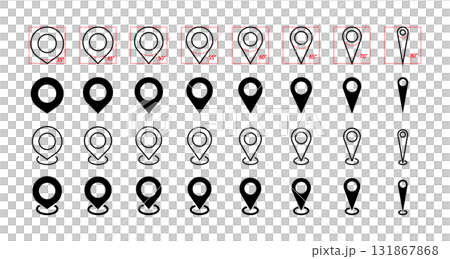 地圖圖釘、地圖、地址圖示（8 個角度：35°、45°、50°、55°、60° 等） 131867868