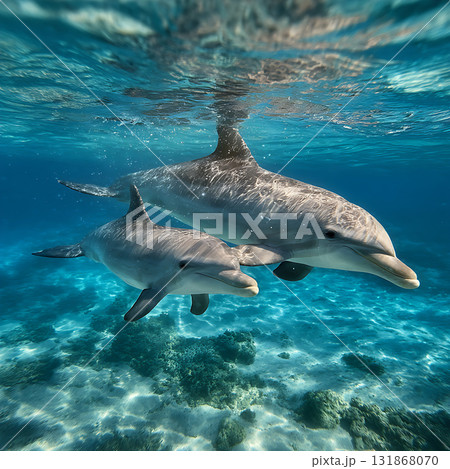 太陽光が差し込む海中を泳ぐバンドウイルカ 131868070