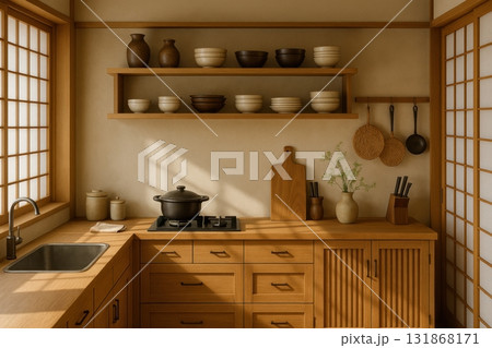 Minimalist Japanese-style kitchen with wooden cabinets, pottery, and soft natural lighting Minimalist Japanese-style kitchen with wooden cabinets, pottery, and soft natural lighting 131868171