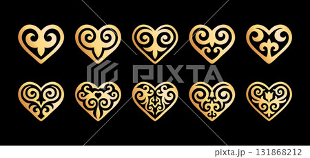 Set of hearts with kazakh ornaments 2 gold Set of hearts with kazakh ornaments 2 gold 131868212