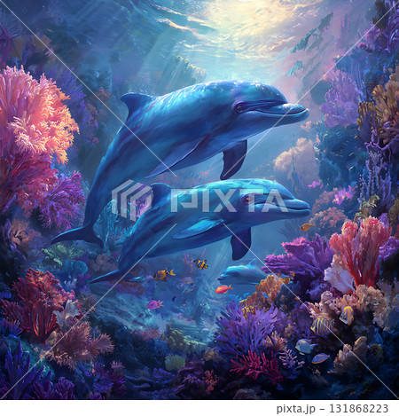 南国の海に広がるサンゴ礁とイルカたちの幻想的な光景 131868223
