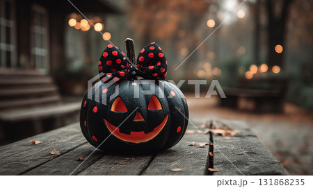 Halloween Black Pumpkin. A black pumpkin with a bow and jack-o'-lantern face, surrounded by candles. 131868235