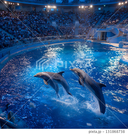 観客の前で行われる迫力のイルカパフォーマンスのイラスト素材