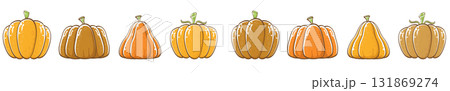 vector graphic orange pumpkins set isolated on white horizontal banner background. Cartoon hand drawn pumpkins collection for autumn ,Halloween and Thanksgiving day poster and wide banner design 131869274