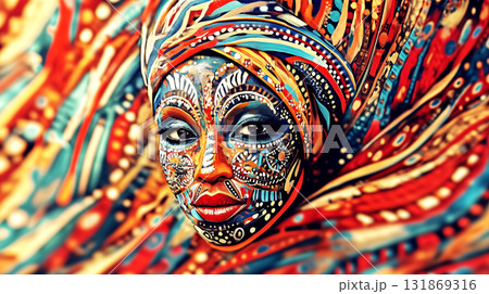 Woman wearing colorful headscarf and traditional african makeup 131869316