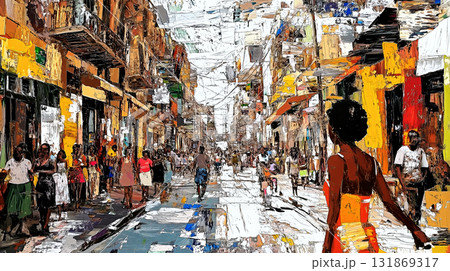 Woman walking down busy street in colorful caribbean city 131869317