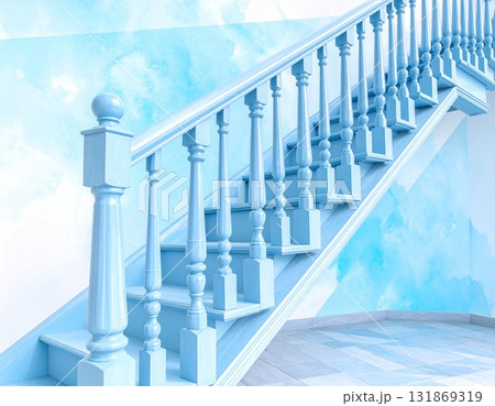 空へと続く階段を水彩で描いた淡いブルーの幻想的な背景アート 131869319