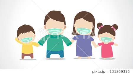 Family wearing with protective mask, prevention spread coronavirus covid 19. vector illustration 131869356