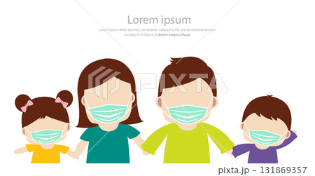 Family wearing with protective mask, prevention spread coronavirus covid 19. vector illustration 131869357