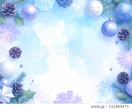 柔らかな水彩タッチの淡い青色背景とキラキラ輝く松ぼっくりやオーナメントの飾り枠フレーム 幻想的な冬の 131869473