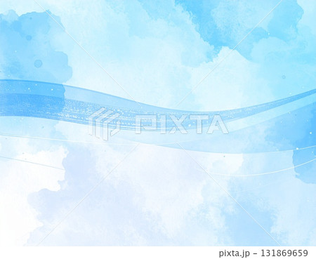 爽やかな青と白が混ざり合う水彩画風のテクスチャ背景素材 流れるような白い線と淡いグラデーション飛行機 131869659