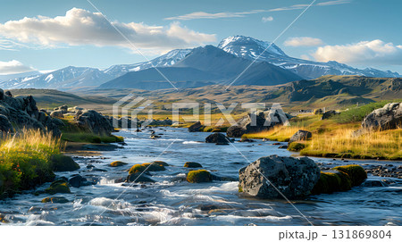 scenic mountain river landscape with blue sky and flowing water scenic mountain river landscape with blue sky and flowing water 131869804