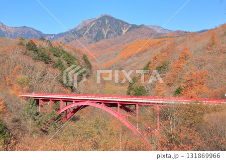 紅葉に染まる東沢大橋と八ヶ岳 紅葉に染まる東沢大橋と八ヶ岳 131869966