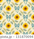 Yellow sunflower seamless pattern with blue bows, curling ribbons and green leaves. Vintage decorative nostalgic countryside textile, wallpaper or background symmetrical design 131870094