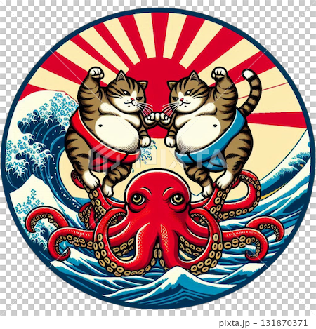 多幸猫(Lucky Cats and Octopus)/相撲猫とタコの和風イラスト・縁起物アート 多幸猫(Lucky Cats and Octopus)/相撲猫とタコの和風イラスト・縁起物アート 131870371