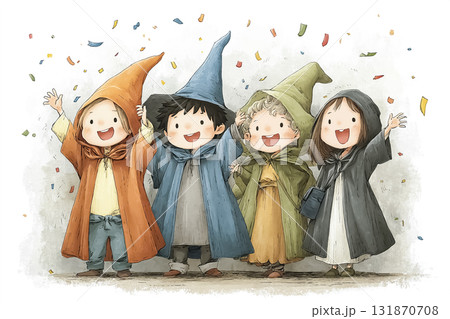 美優シリーズ：ハロウィンステージで観客に手を振る4人の魔女 131870708