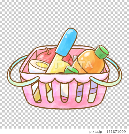 水彩風おままごとセットのイラスト（ピンクのバスケット入り） 131871009