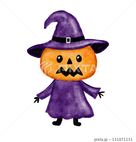 Hand drawn watercolor illustration of jack o lantern pumpkin in witch hat and robe. Purple witchcraft symbol, Halloween horror spooky creepy character, scary october decoration, gothic ghost grinning Hand drawn watercolor illustration of jack o lantern pumpkin in witch hat and robe. Purple witchcraft symbol, Halloween horror spooky creepy character, scary october decoration, gothic ghost grinning 131871131