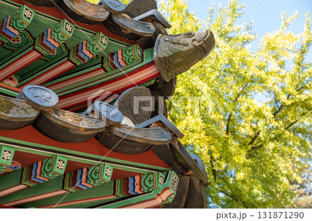 Korean Traditional Building in Secret Garden or Huwon of Changdeokgung Palace, in Seoul, South Korea. with beautiful autumn foliage. It was used as a place of leisure by members of the royal family 131871290