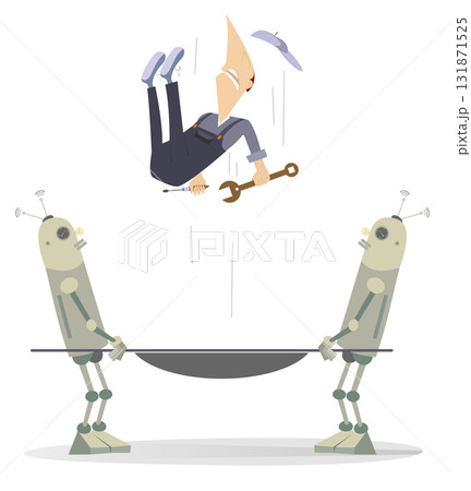 Falling worker. Emergency. Robot a doctor. Two robot doctors hold a stretcher to catch a falling worker Falling worker. Emergency. Robot a doctor. Two robot doctors hold a stretcher to catch a falling worker 131871525