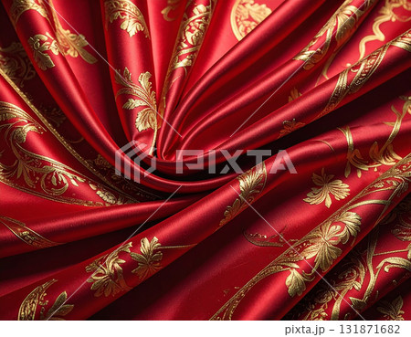 赤と金のコントラストが美しい流れるシルクに輝く豪華な金糸の刺繍装飾 131871682