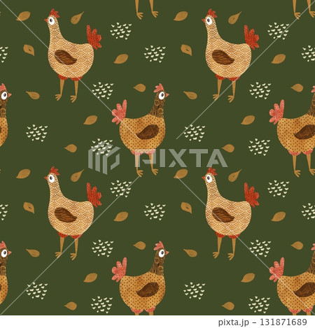 A watercolor pattern featuring various chickens in warm colors with dark green background A watercolor pattern featuring various chickens in warm colors with dark green background 131871689