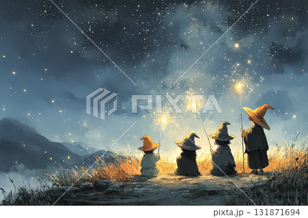 美優シリーズ：4人の魔法使いが夜空で魔法の花火を作り出しているシーン 131871694