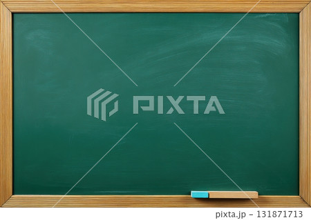 Classic green chalkboard in a wooden frame against a bright white backdrop. Close-up of a blank blackboard. Horizontal black board or wall texture background. School Chalk black board with blue eraser 131871713
