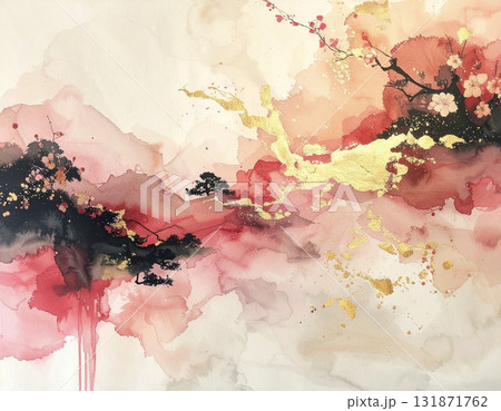 墨と金がにじむ上質な和紙風背景|伝統とモダンが融合したアートテクスチャ 墨と金がにじむ上質な和紙風背景|伝統とモダンが融合したアートテクスチャ 131871762