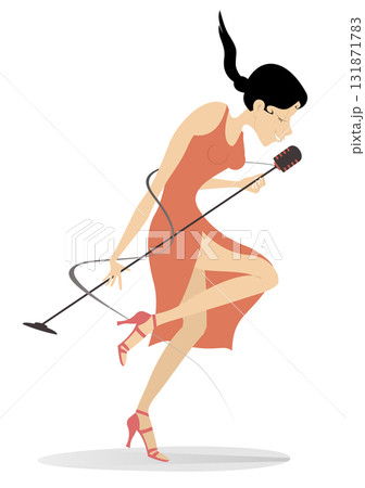 Beautiful singer woman in red dress.  Romantic young woman with microphone sings a song with great inspiration 131871783