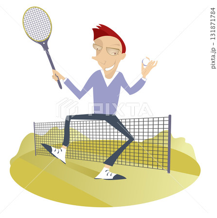 Happy man plays tennis. Smiling man holds a tennis racket and a ball Happy man plays tennis. Smiling man holds a tennis racket and a ball 131871784