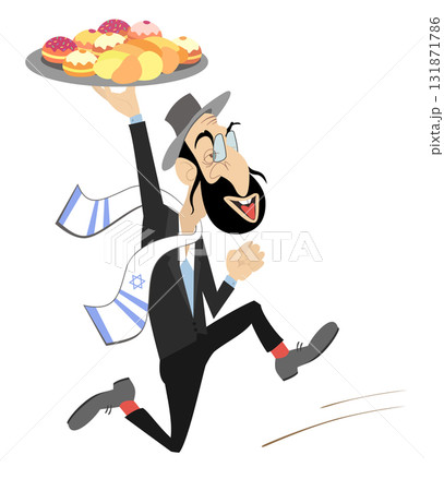 Running man holding a tray with traditional Hanukkah festive dinner. Hanukkah celebrating. Jewish man holding a tray with sufganiyah and doughnut. Isolated on white background 131871786