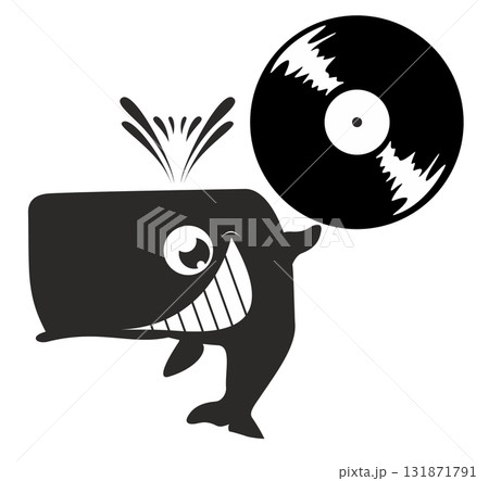 Cute whale holding a long play record. Music on vinyl. Cartoon cute whale holds vinyl record. Black and white illustration Cute whale holding a long play record. Music on vinyl. Cartoon cute whale holds vinyl record. Black and white illustration 131871791