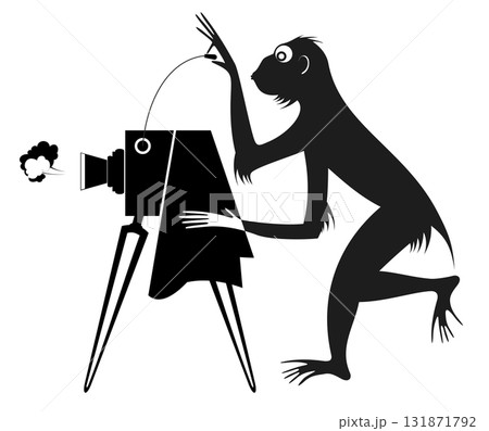 Funny monkey a photographer.  Retro camera. Cute monkey with a retro camera making a shot. Black and white illustration 131871792