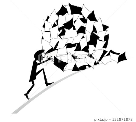 Paperwork. Businessman with a big pile of papers. File clerk pushes forward a huge ball of papers. Black and white illustration 131871878