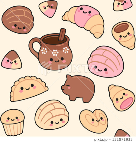 Kawaii Mexican sweet pastries seamless pattern Kawaii Mexican sweet pastries seamless pattern 131871933