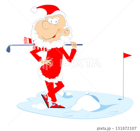 Cartoon Santa Claus on the golf course. Golf course. Cartoon Santa Claus aiming to do a good shot. Isolated on white background Cartoon Santa Claus on the golf course. Golf course. Cartoon Santa Claus aiming to do a good shot. Isolated on white background 131872107