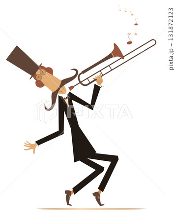 Cartoon long mustache trumpeter is playing music. Mustache man in the top hat playing trombone. Black on white illustration Cartoon long mustache trumpeter is playing music. Mustache man in the top hat playing trombone. Black on white illustration 131872123