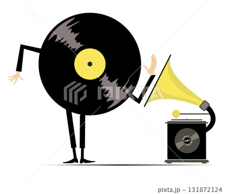 Cartoon long playing record. Retro record player. Cartoon long playing record standing near retro record player. Isolated on white background	 131872124