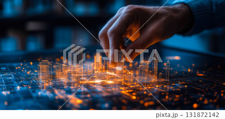 An architect brings architectural designs to life with 3D holographic construction models. Generative AI. An architect brings architectural designs to life with 3D holographic construction models. Generative AI. 131872142