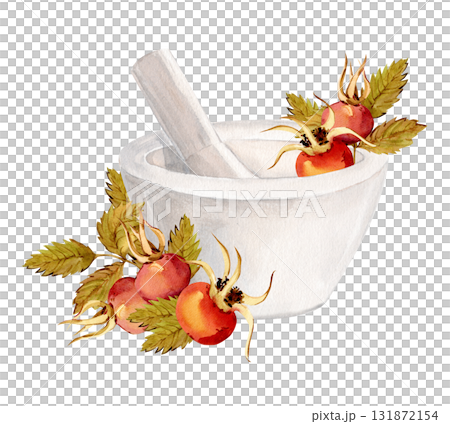 A white ceramic mortar for herbs and spices. Watercolor rosehip branch, berries, and green leaves. Instrument for laboratory, pharmaceutical, and cosmetic production. Clipart for a herbal tea label. A white ceramic mortar for herbs and spices. Watercolor rosehip branch, berries, and green leaves. Instrument for laboratory, pharmaceutical, and cosmetic production. Clipart for a herbal tea label. 131872154