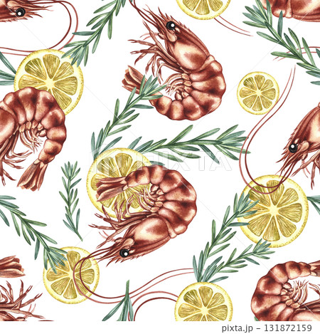 Seamless pattern with shrimp, lemon, and rosemary. Hand-drawn watercolor illustration. Colorful seafood image. Perfect for menus, recipe books, packaging, labels, and textiles. Seamless pattern with shrimp, lemon, and rosemary. Hand-drawn watercolor illustration. Colorful seafood image. Perfect for menus, recipe books, packaging, labels, and textiles. 131872159